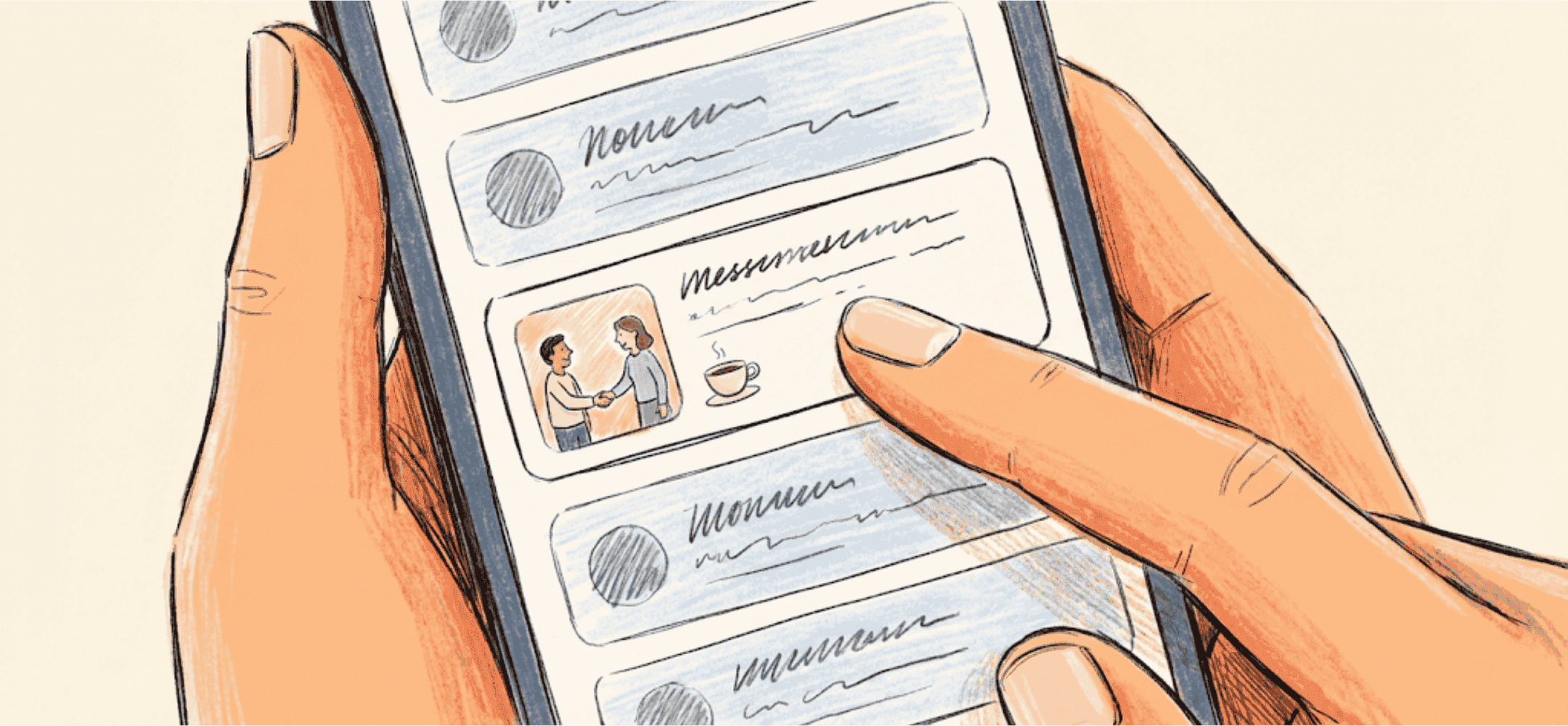 Een handgetekende digitale illustratie vanuit een first-person perspectief, waarbij een duim over een gepersonaliseerd, vriendelijk ogend bericht op een smartphonescherm zweeft te midden van vage generieke meldingen.