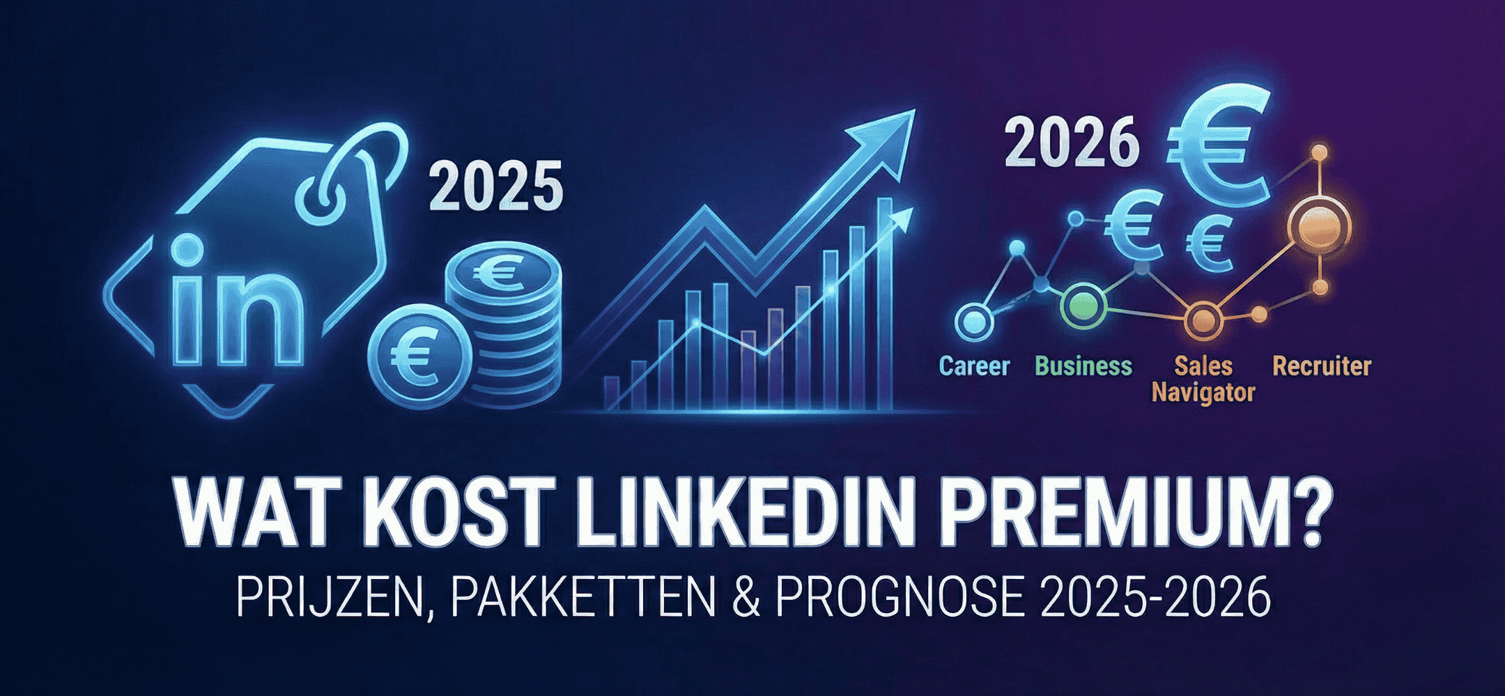 Blog header afbeelding met de titel 'Wat kost LinkedIn Premium? Prijzen, Pakketten & Prognose 2025-2026'. De visual toont een donkerblauwe achtergrond met neon-grafieken, euromunten en een stijgende trendlijn die de prijsontwikkeling van Career, Business, Sales Navigator en Recruiter licenties visualiseert.