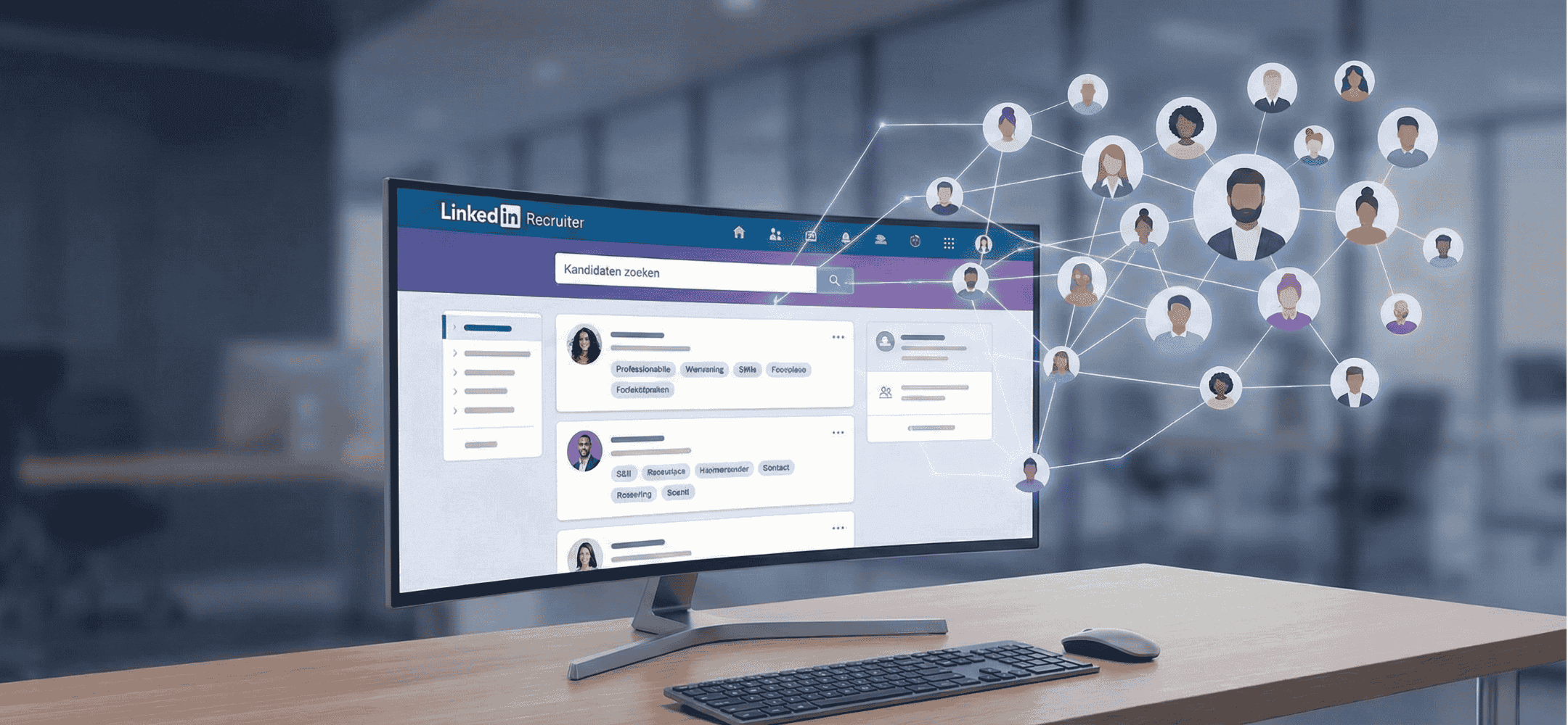 Een hand houdt een vergrootglas vast en vergroot een zoekveld en gegevens op een tablet waarop de LinkedIn Recruiter-interface wordt weergegeven, omringd door kantoorartikelen op een houten bureau.