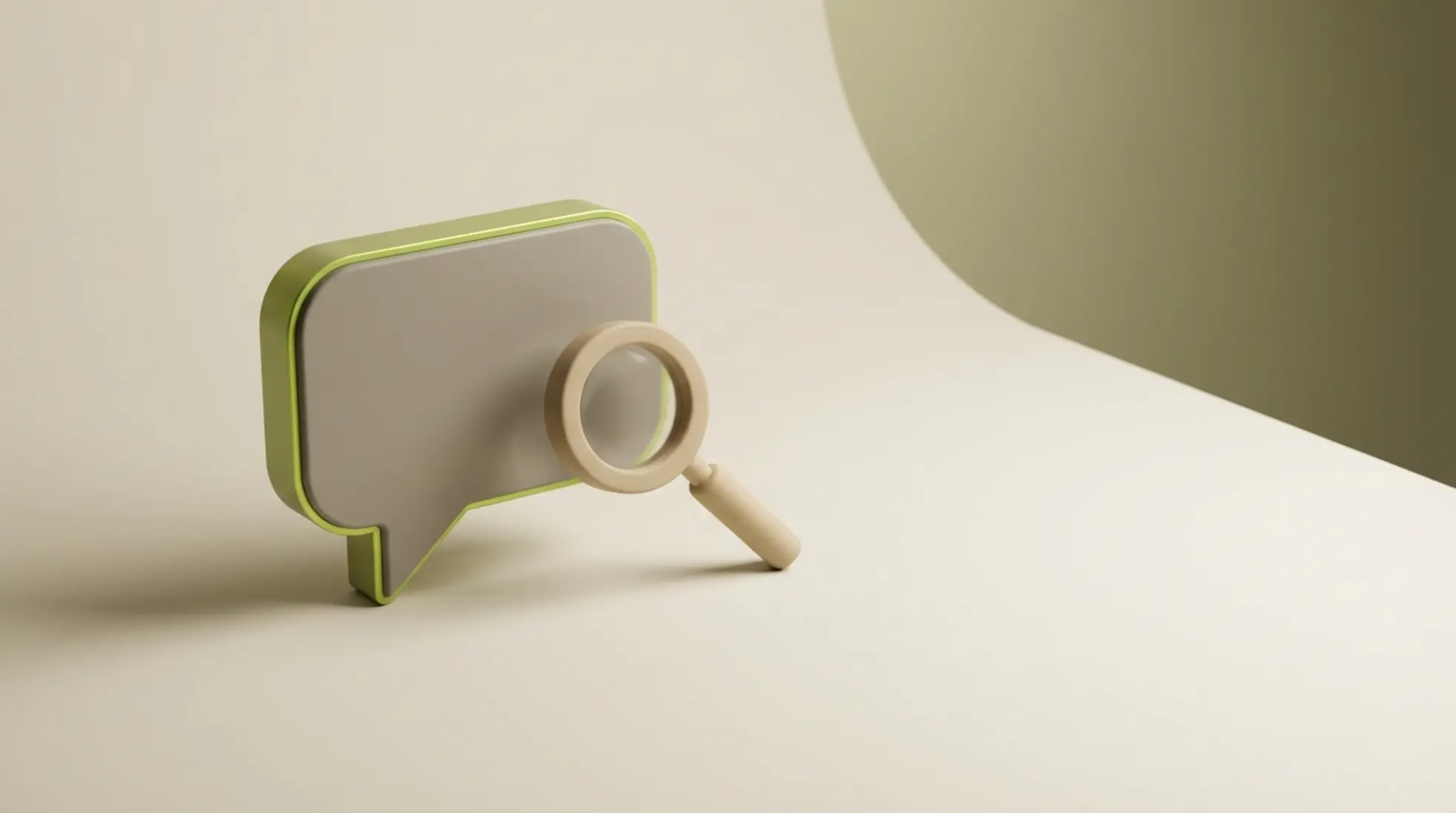 Minimalistische 3D chatbel met vergrootglas op creme achtergrond die persoonlijke LinkedIn berichten en zorgvuldige outreach symboliseert met lege ruimte