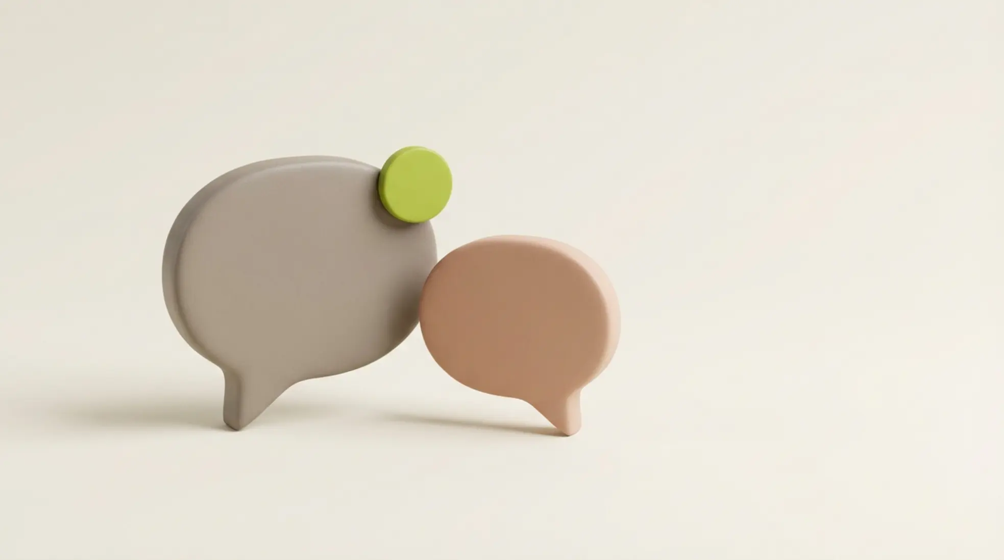 3D illustratie van twee chatbubbels die een recruiter en kandidaat gesprek verbeelden met groene melding op lichte achtergrond ruimte rechts