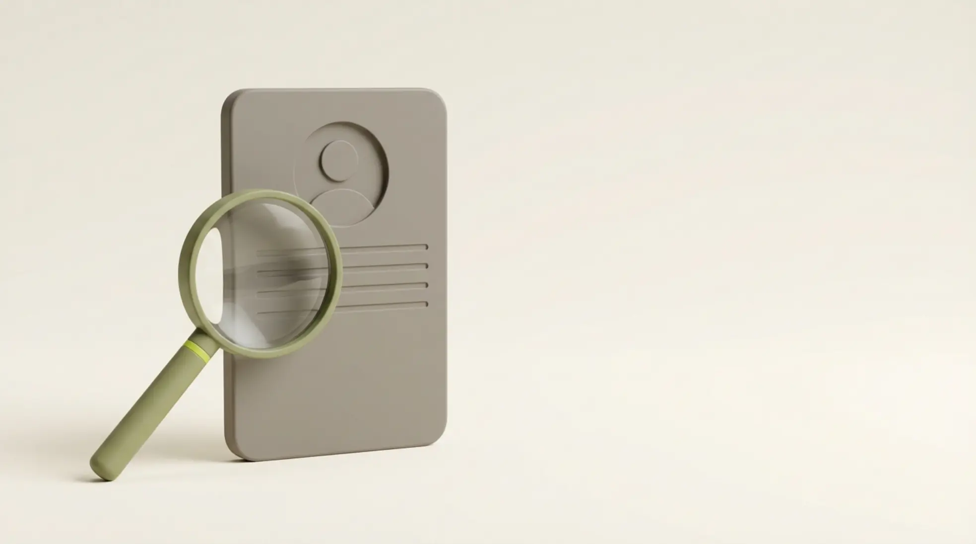 Minimalistische 3D profielkaart met vergrootglas dat een deel uitlicht, op warme lichte achtergrond met zachte schaduwen en veel lege ruimte